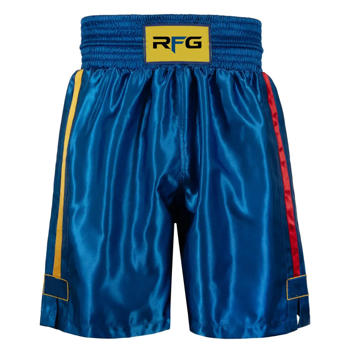 RFG Boxing Shorts – Royal Blue with Gold & Red Stripes