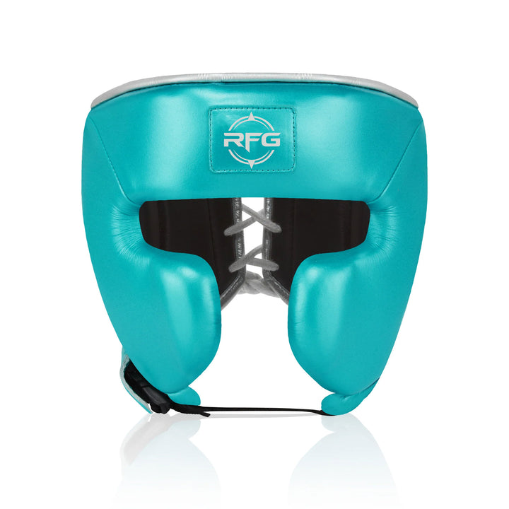 RFG Pro Full-Coverage Lace-Up Boxing Headguard – Teal & Silver