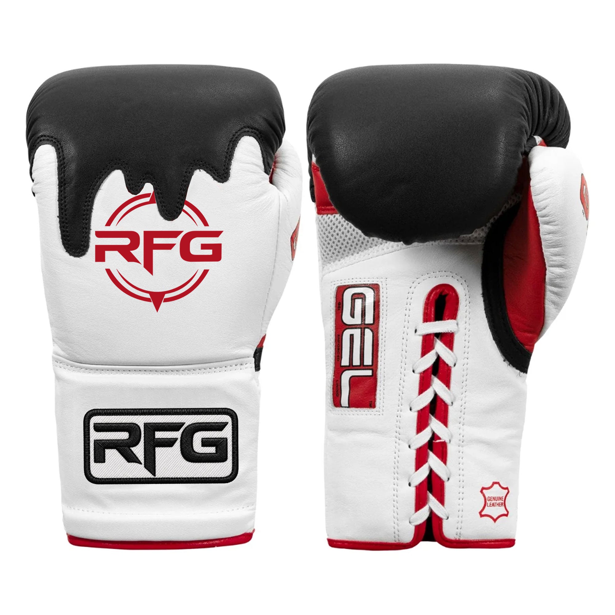 RFG Drip GEL Lace-Up Boxing Gloves – Black, White & Red