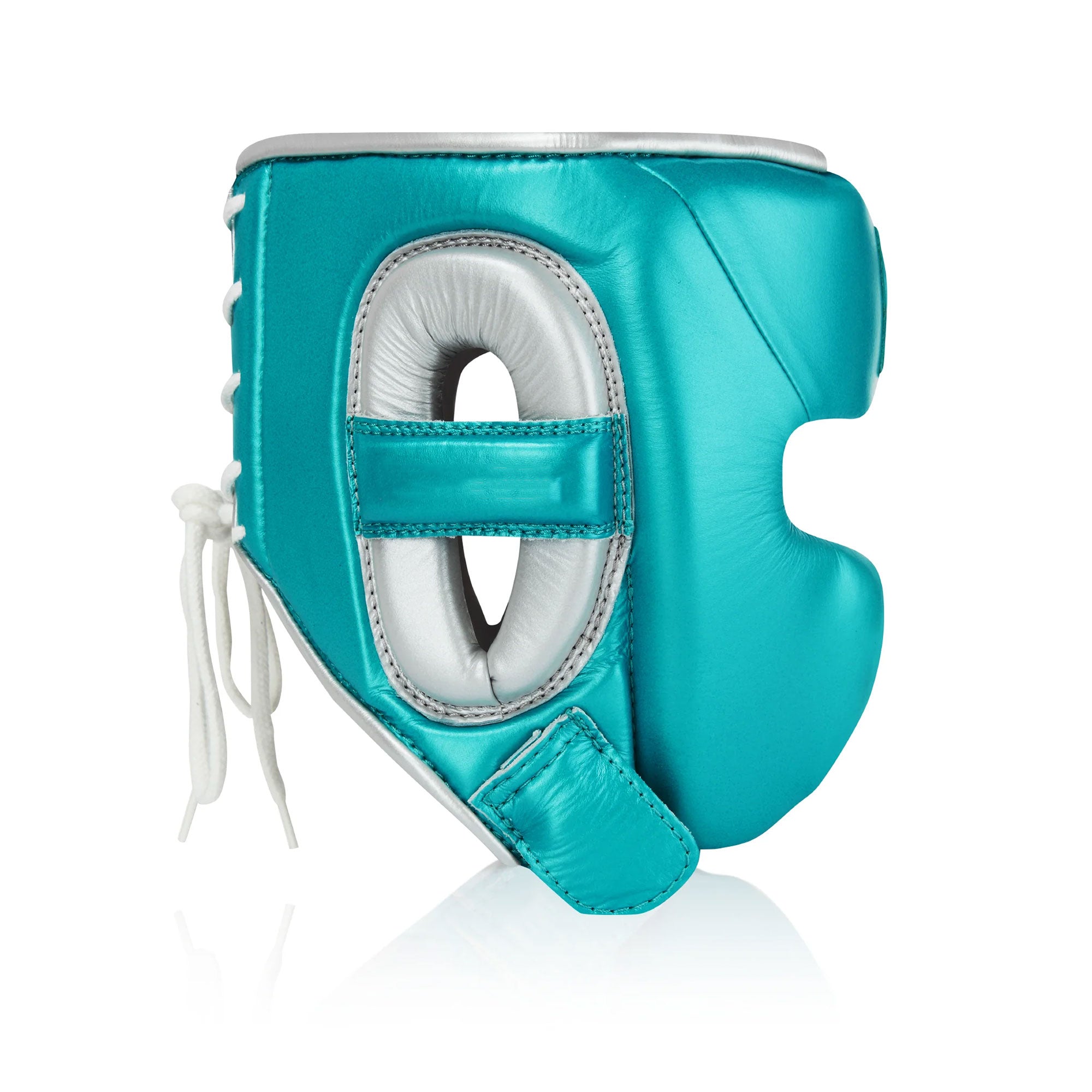 RFG Pro Full-Coverage Lace-Up Boxing Headguard – Teal & Silver