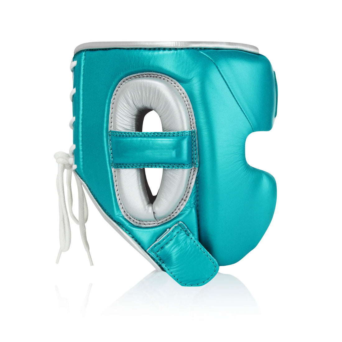 RFG Pro Full-Coverage Lace-Up Boxing Headguard – Teal & Silver