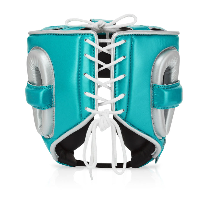 RFG Pro Full-Coverage Lace-Up Boxing Headguard – Teal & Silver