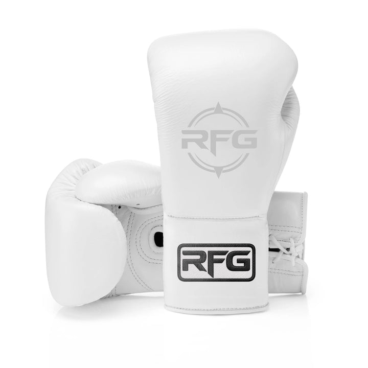 RFG White Lace-Up Boxing Gloves