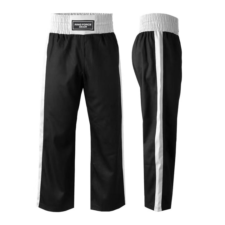 RFG Kickboxing Full-Length Pants – Black with White Waistband & Stripe
