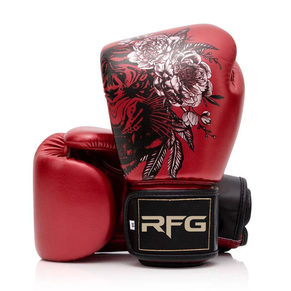 RFG Tiger Floral Velcro Boxing Gloves – Metallic Red