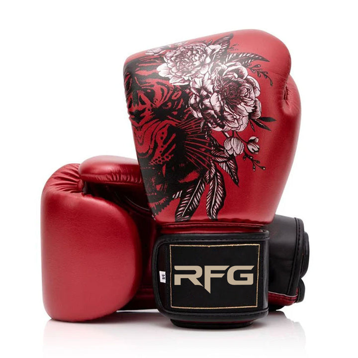 RFG Tiger Floral Velcro Boxing Gloves – Metallic Red