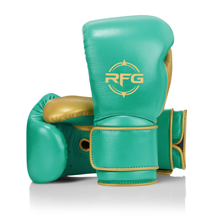RFG Pro Velcro Boxing Gloves – Teal & Gold