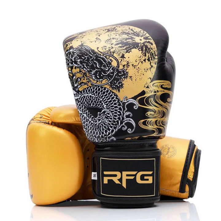 RFG Dragon Storm Velcro Boxing Gloves – Gold & Black
