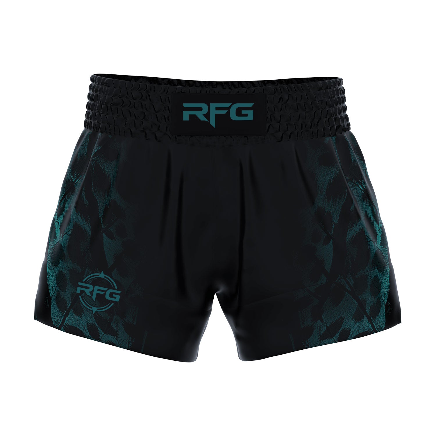 RFG Muay Thai Shorts – Black Teal Dragon