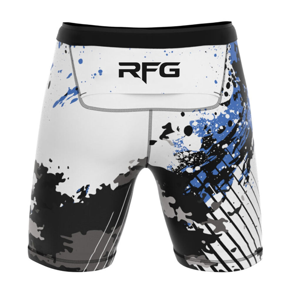 RFG Splatter Vale Tudo Shorts – Compression Fight Shorts | White & Blue